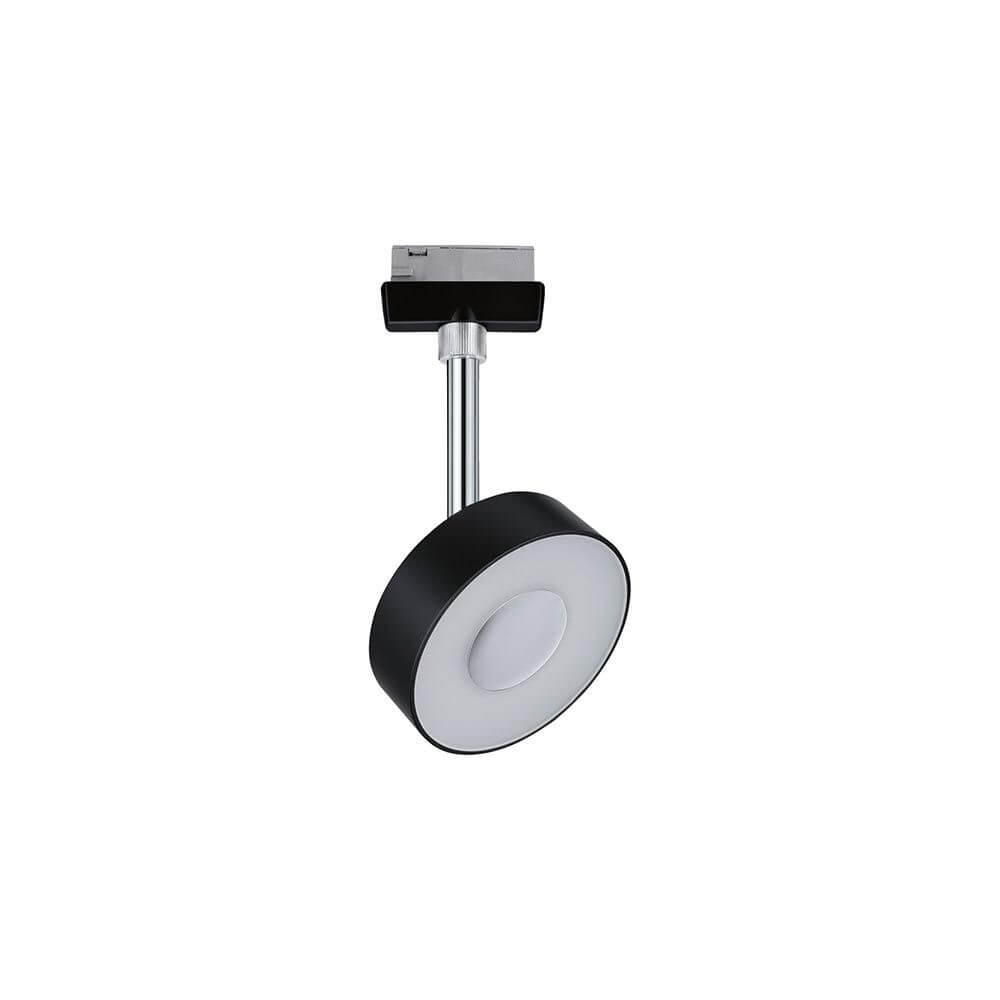 U-Rail LED Schienenspot Circle Einzelspot Dimmbar Schwarz-Matt, Chrom an einer Decke montiert.