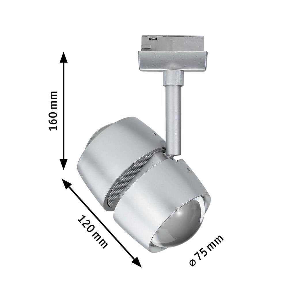 U-Rail LED Schienenspot Oculus Einzelspot Dimmbar Chrom-Matt mit technischen Maßen und Design.