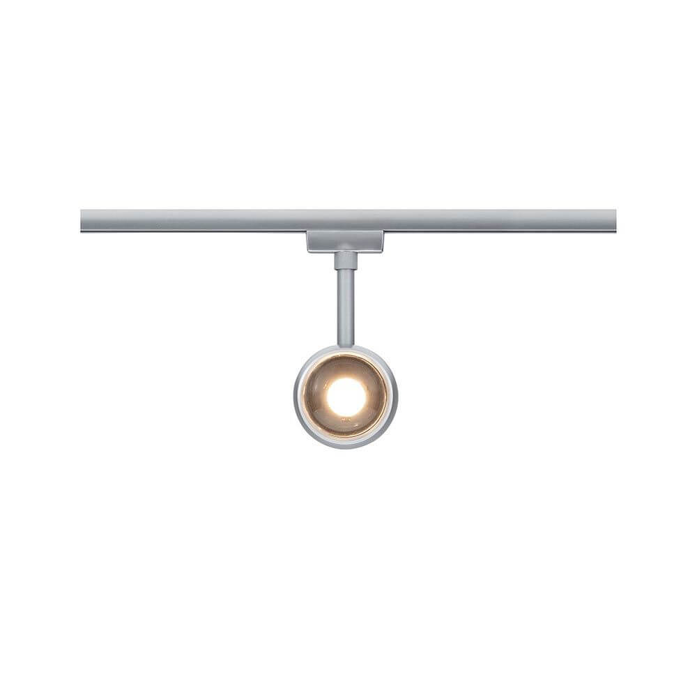 U-Rail LED Schienenspot Oculus Einzelspot Dimmbar Chrom-Matt an einer Schiene montiert, mit zweiseitigem Lichtaustritt.
