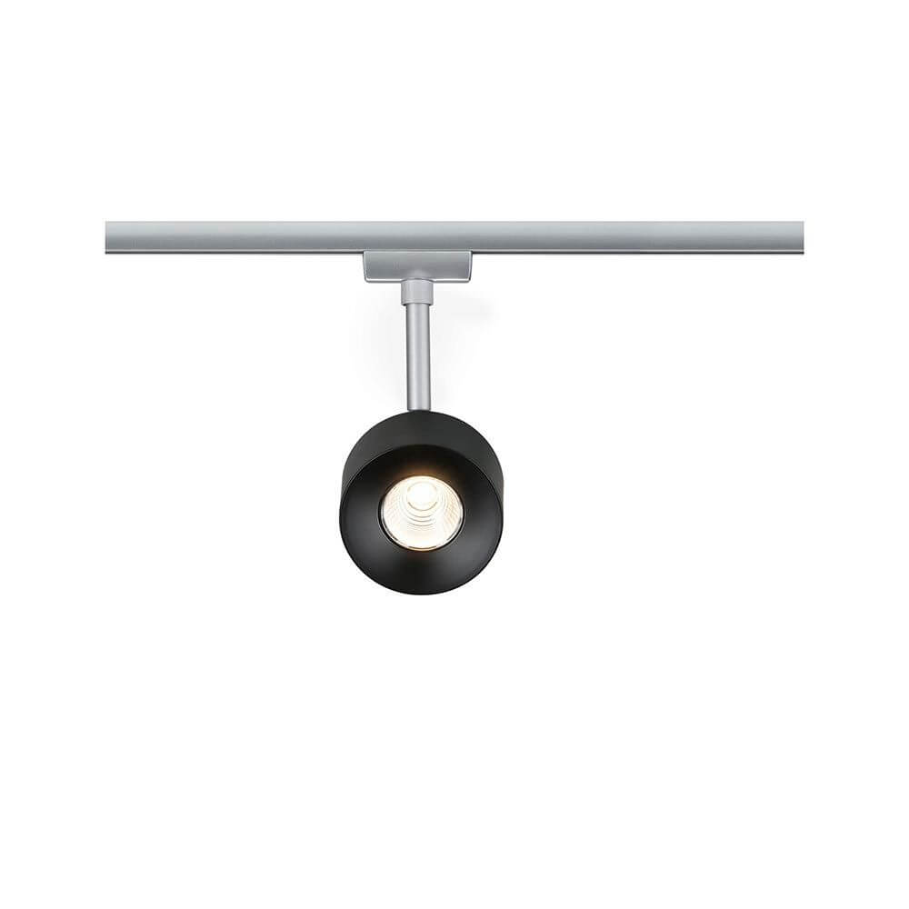 U-Rail LED Schienenspot Pane Einzelspot Schwarz, Chrom an einer Schiene montiert.