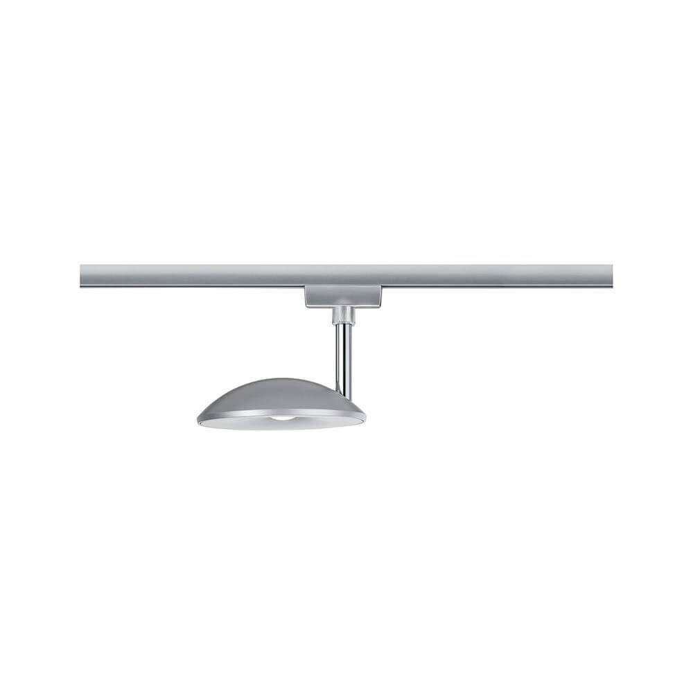 U-Rail LED Schienenspot Sphere Strahler Chrom an einer Schiene montiert mit eleganter Chrom-Oberfläche.