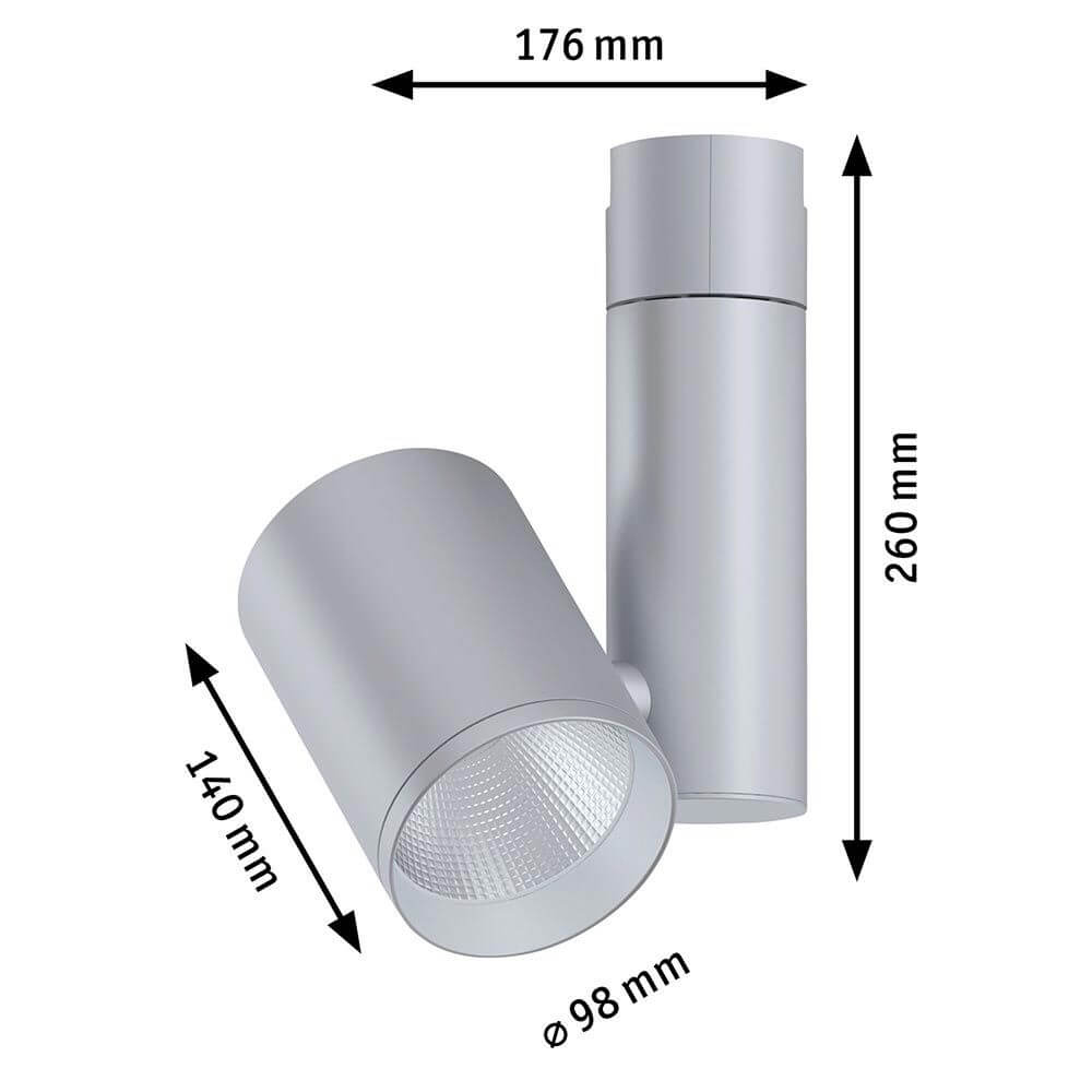 U-Rail LED Schienenspot Zeuz Einzelspot 15° Chrom-Matt mit technischen Abmessungen und Design