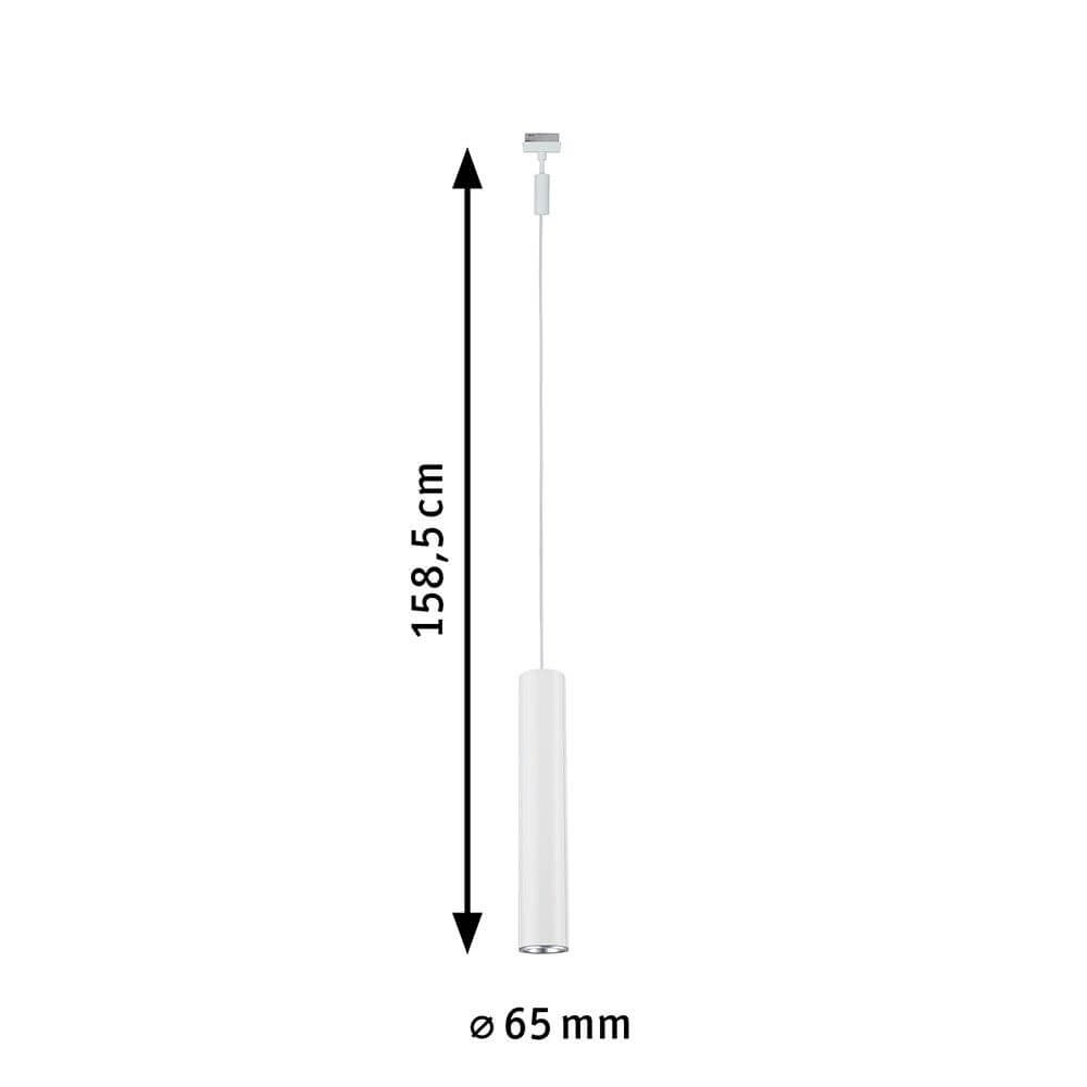 U-Rail Pendelleuchte Catalejo Weiß, Chrom-Matt mit Maßangaben, Höhe 158,5 cm, Durchmesser 65 mm.