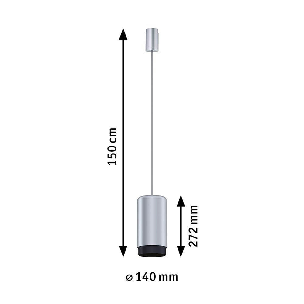 U-Rail Pendelleuchte Corus Chrom-Matt Metall mit Abmessungen 150 cm und 140 mm Durchmesser.