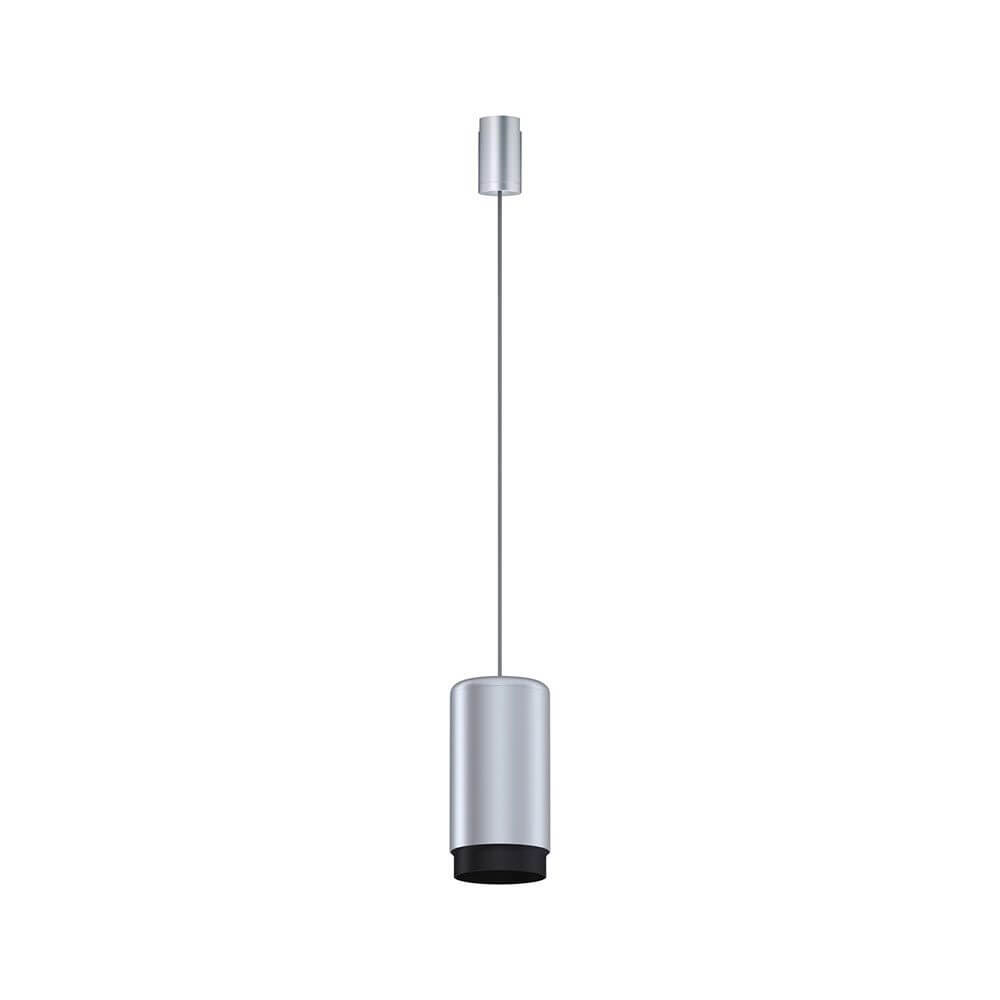 U-Rail Pendelleuchte Corus Chrom-Matt Metall mit Stoffkabel, ideal für hohe Räume, schlichte Eleganz.