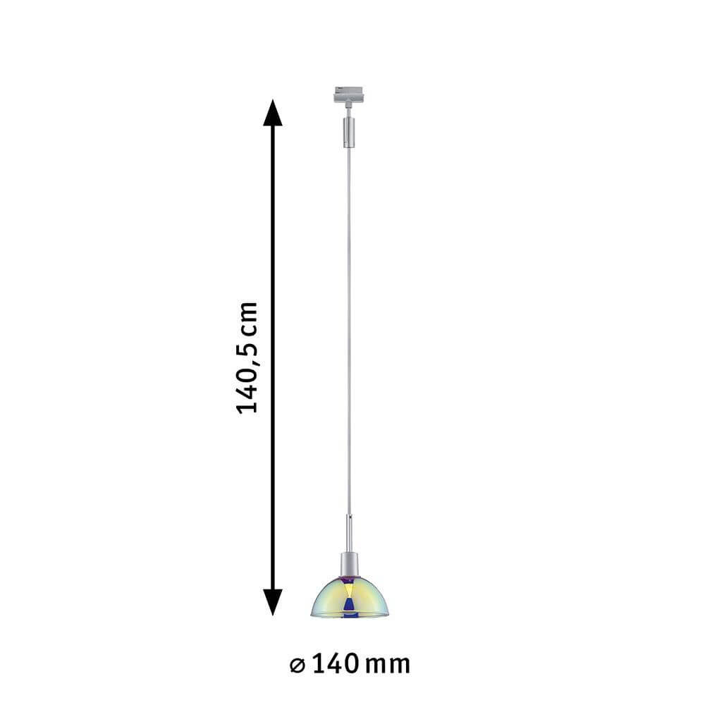 U-Rail Pendelleuchte Sarrasani Dimmbar Chrom-Matt Mehrfarbig mit Abmessungen 140,5 cm Höhe und 140 mm Durchmesser.