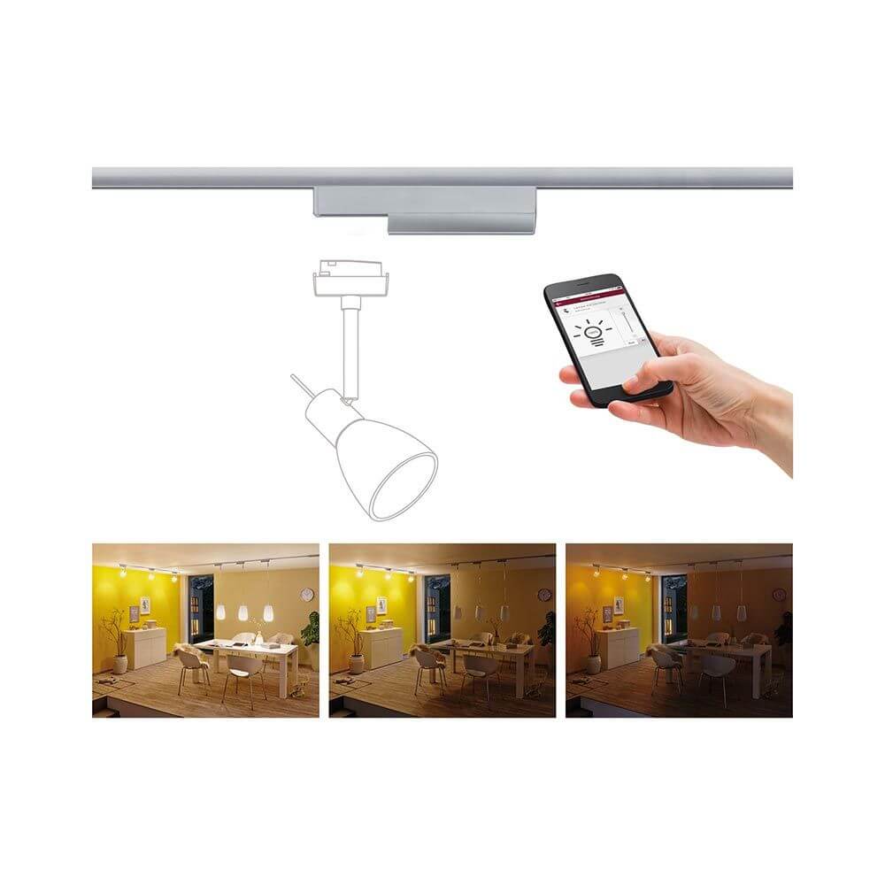 U-Rail Schienenadapter Smart Home Zigbee Chrom-Matt mit Smartphone-Steuerung und Spot-Beleuchtung.
