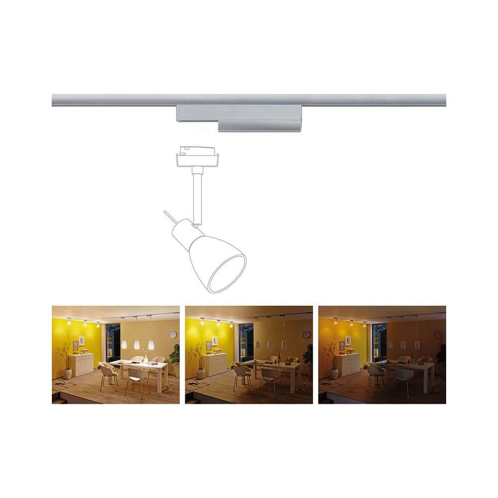 U-Rail Schienenadapter Smart Home Zigbee Chrom-Matt mit Spot und Ambiente in verschiedenen Beleuchtungsszenarien.