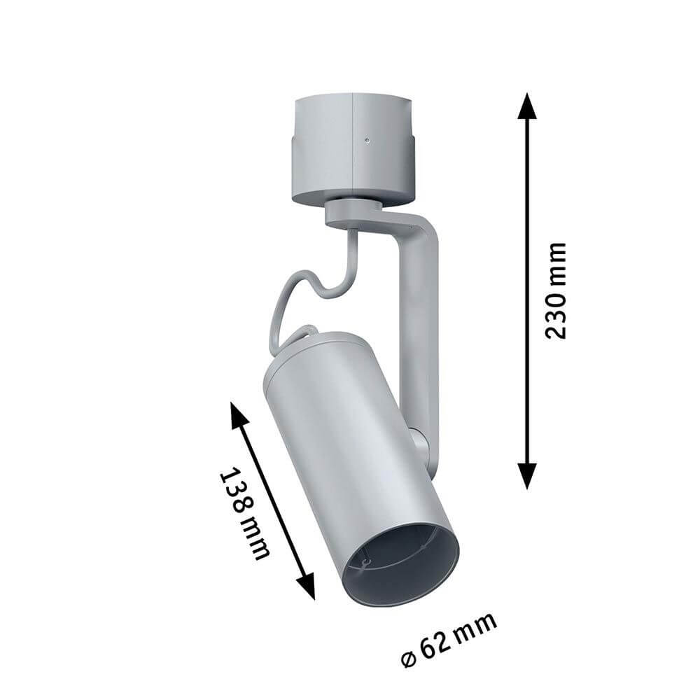 U-Rail Schienenspot Apol II Einzelspot Chrom mit Abmessungen von 138 mm Höhe und 62 mm Durchmesser.