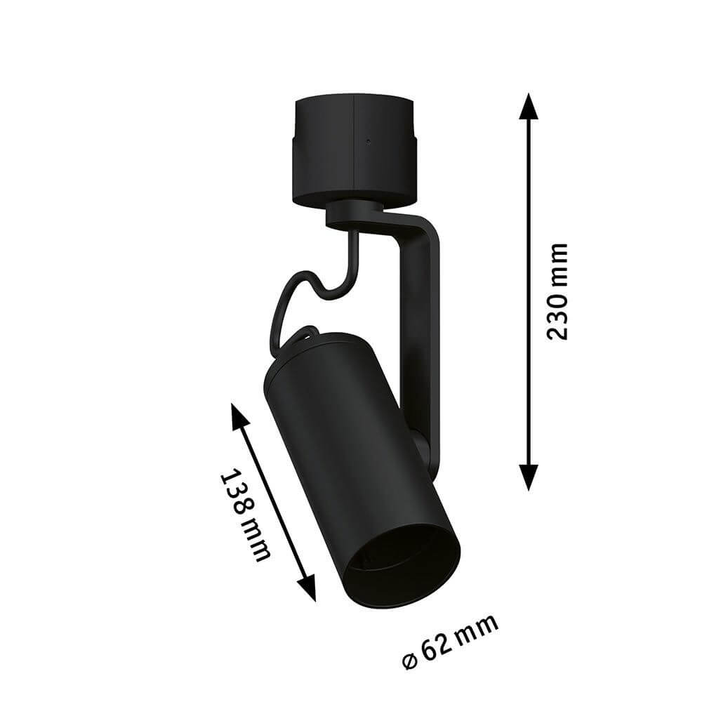 U-Rail Schienenspot Apol II Einzelspot Schwarz mit Abmessungen 230 mm Höhe und 62 mm Durchmesser.
