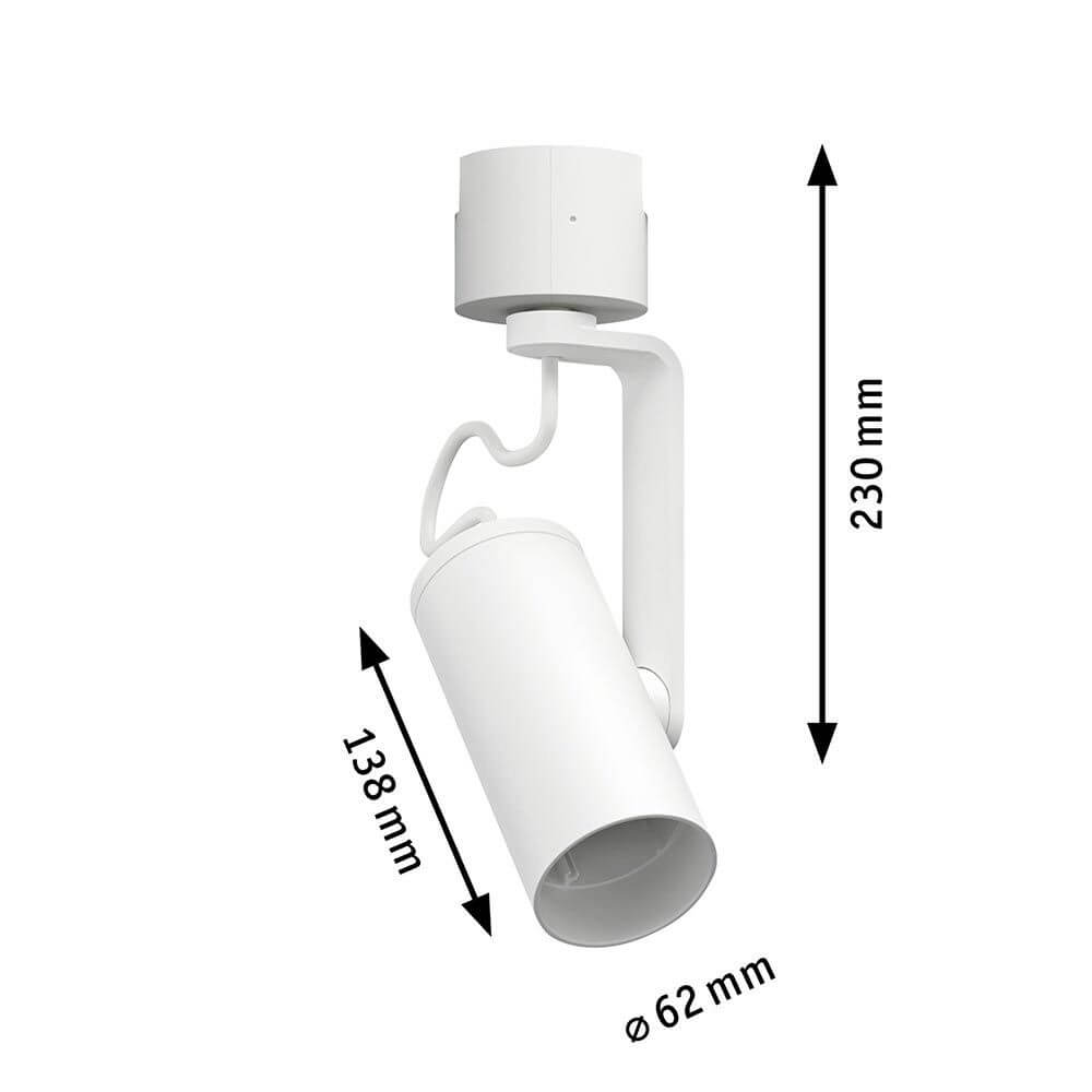 U-Rail Schienenspot Apol II Einzelspot Weiß mit Abmessungen 138 mm, 62 mm Durchmesser, 230 mm Höhe.