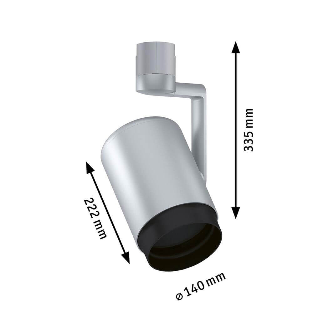 U-Rail Schienenspot Asthene Strahler Chrom mit den Maßen 222 mm Höhe und 140 mm Durchmesser in Edelstahl-Optik.