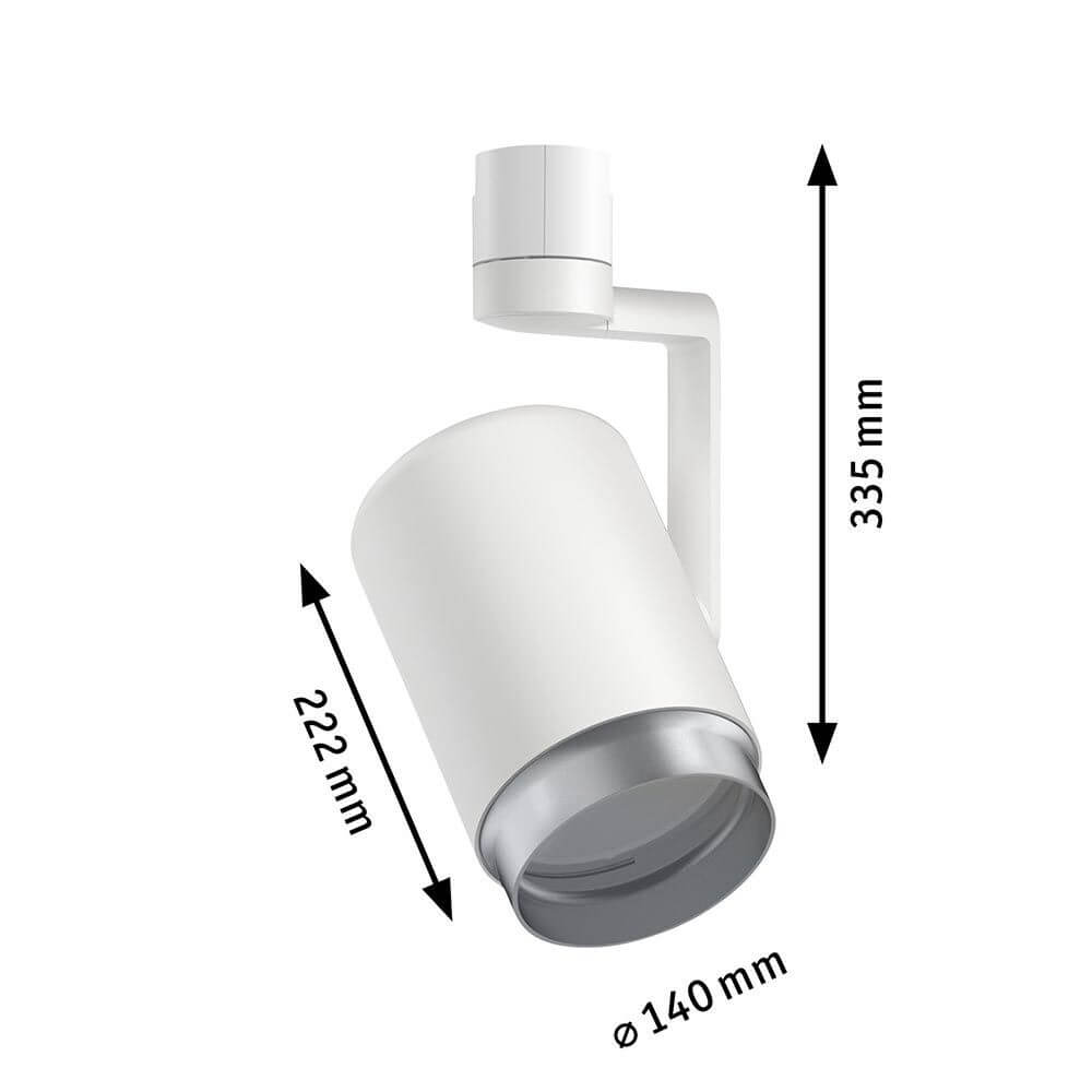 U-Rail Schienenspot Asthene Einzelspot Weiß mit Abmessungen 222 mm und 335 mm, ideal für Akzentbeleuchtung.