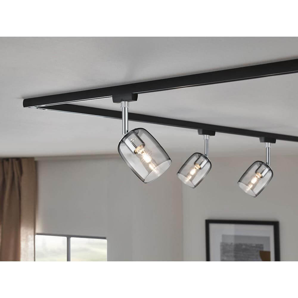 U-Rail Schienenspot Blossom in Schwarz-Matt mit Rauchglas, dimmbar und modernem Design für vielseitige Einsatzmöglichkeiten.