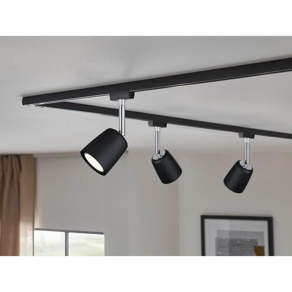 U-Rail Schienenspot Cover Einzelspot Dimmbar Schwarz-Matt, Chrom an einer Decke montiert.