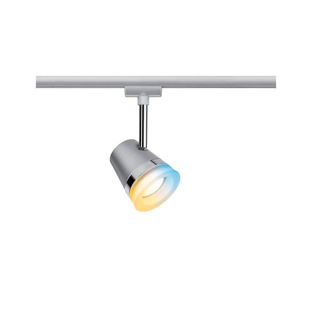 U-Rail Schienenspot Smart Home Zigbee Cone Weiß an einem Schienensystem mit einstellbarem Licht.