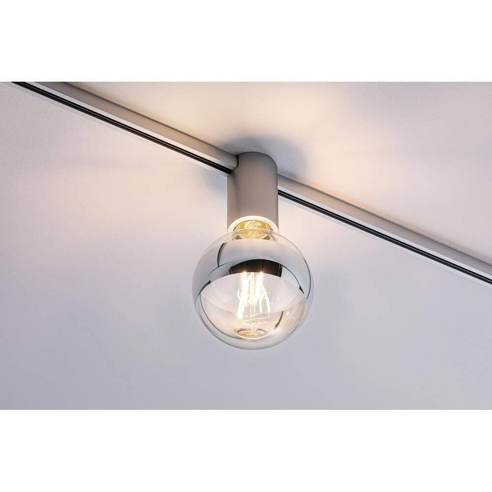 U-Rail Schienenspot Socket Einzelspot Chrom-Matt an Decke montiert mit dekorativem Leuchtmittel.