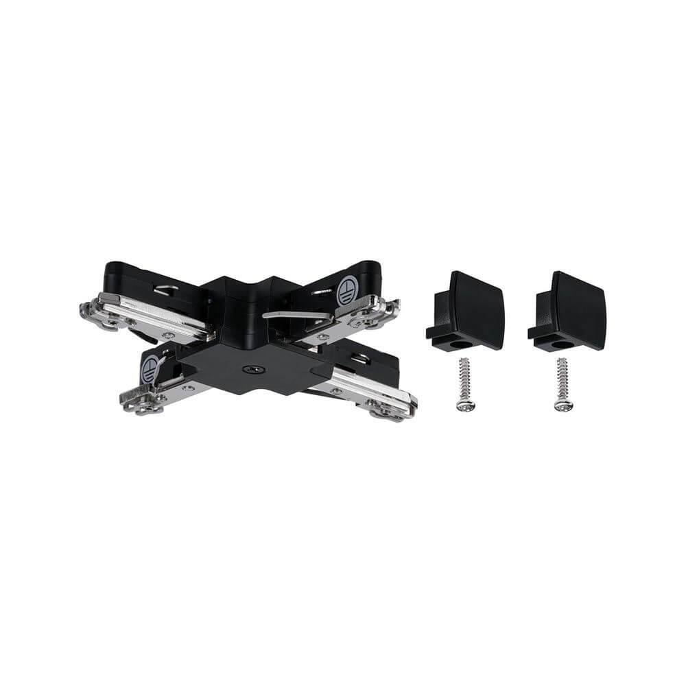 U-Rail Verbinder X-Stück 10,4 x 10,4cm Schwarz-Matt mit zwei Abdeckkappen und Befestigungsschrauben.