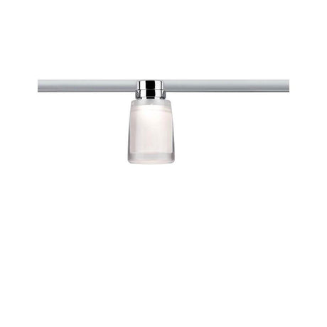 URail Ceiling Safira 1x5,2W Chrom Klar Satin 230V montiert an einer Schiene, mit satiniertem Acryl-Lampenschirm.