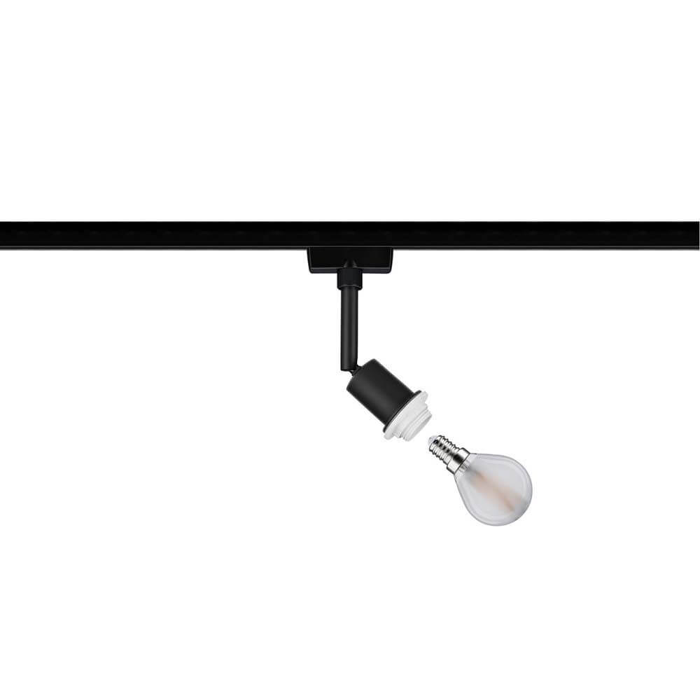 URail DecoSystems Spot Schwarz an der Schiene mit E14-Leuchtmittel und flexiblem Lampenschirm.