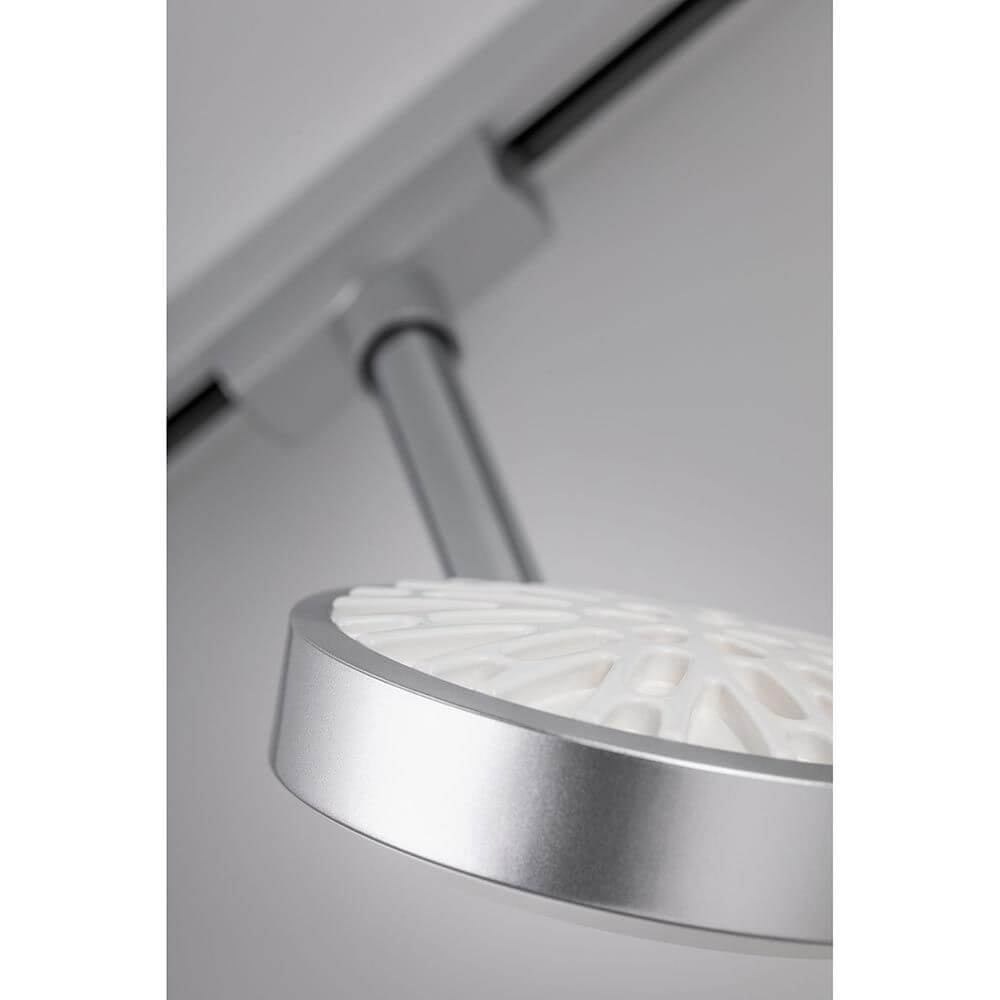 URail LED Spot Discus Chrom Dimmbar Detailansicht der Lampe in Chrom matt mit Montageanleitung.