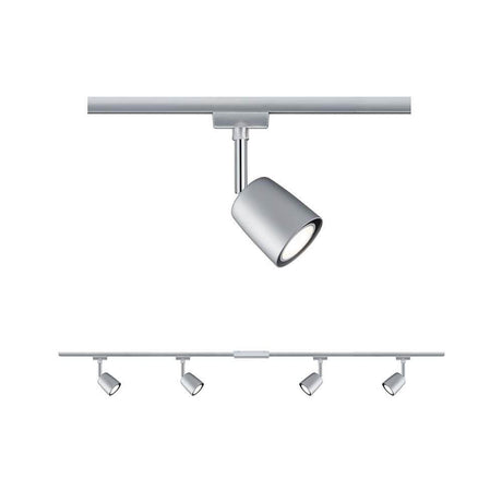 URail Schienensystem-Set Cover 4-flammig Chrom mit vier flexiblen Spots auf einer Schiene in Chrom-Optik.
