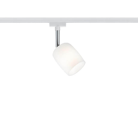 URail Spot Blossom White Satin G9 mounted on a track, decorative glass shade, low-glare light
