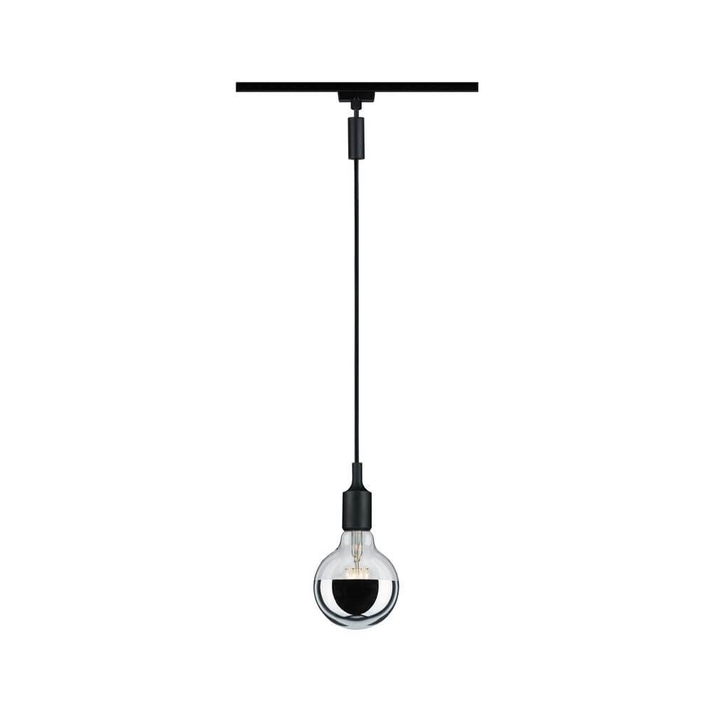 Schwarzer Pendeladapter mit Glasleuchte, passend für URail System zur Integration von Hängeleuchten.