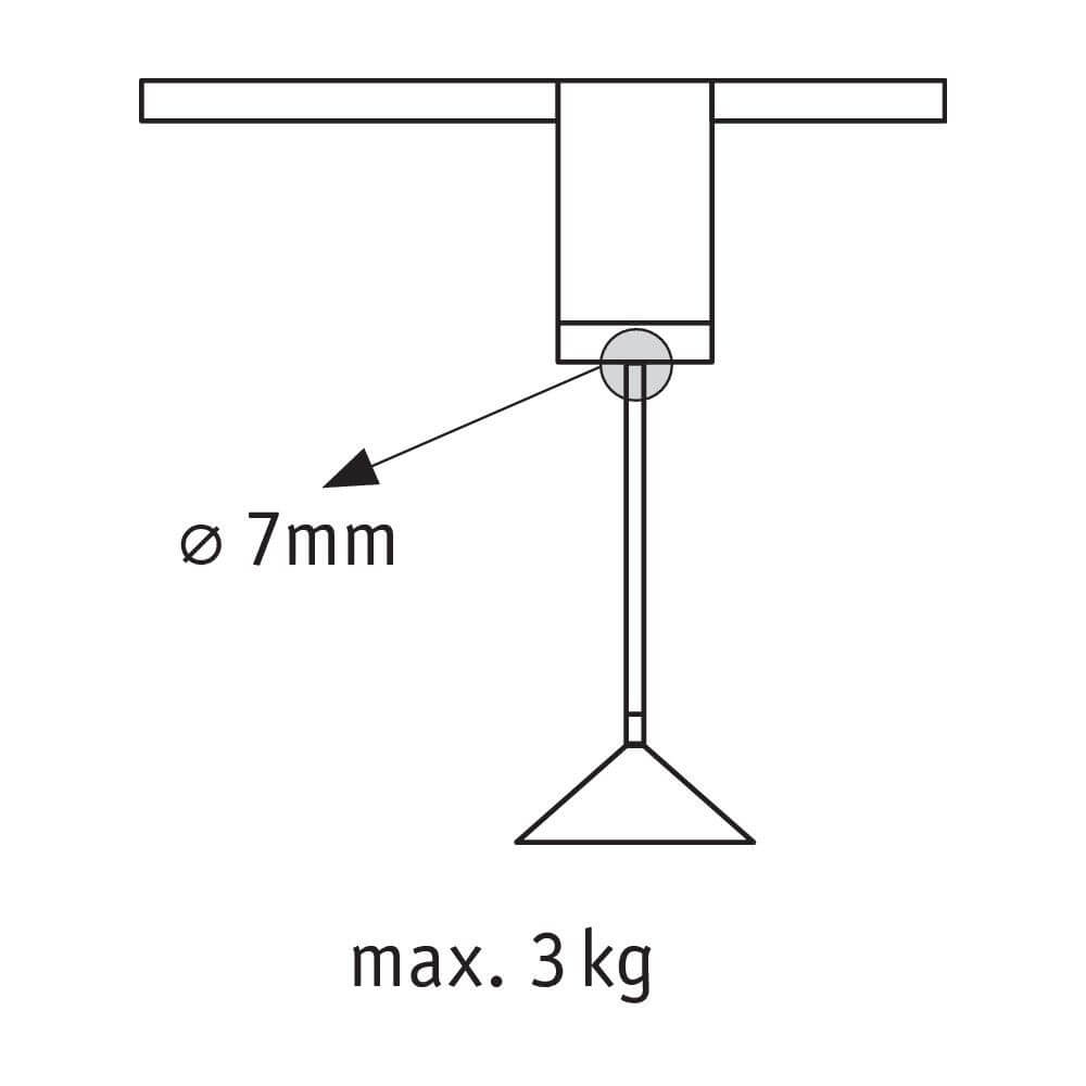 URail Universal Pendel Adapter Chrom-Matt mit technischem Diagramm, max. 3 kg, Ø 7mm.