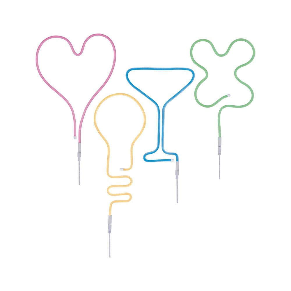 Bunte USB-Neonlichter in Herz-, Glühbirnen-, Cocktail- und Blumenform für stimmungsvolle Beleuchtung.