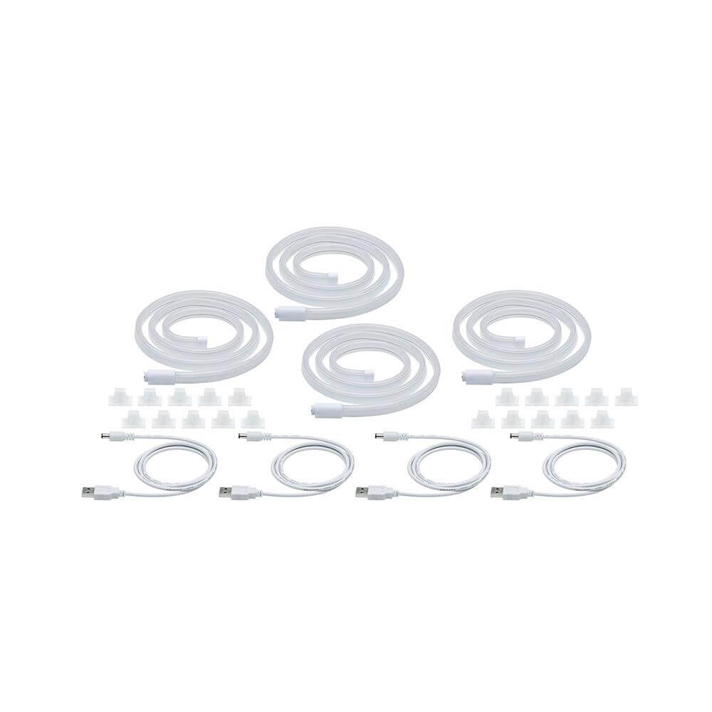 USB-LED Neon Strip Set mit 4 flexiblen Neon-Schläuchen, Halteclips und USB-Kabeln in Weiß.