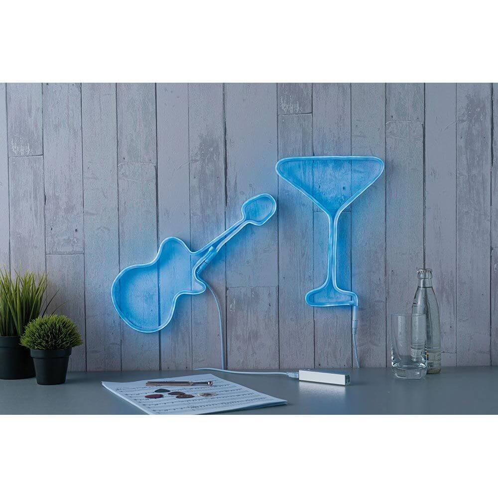 USB-LED Strip Neon Colorflex Blau 1m in Form von Gitarre und Cocktailglas, dekorativ und flexibel.