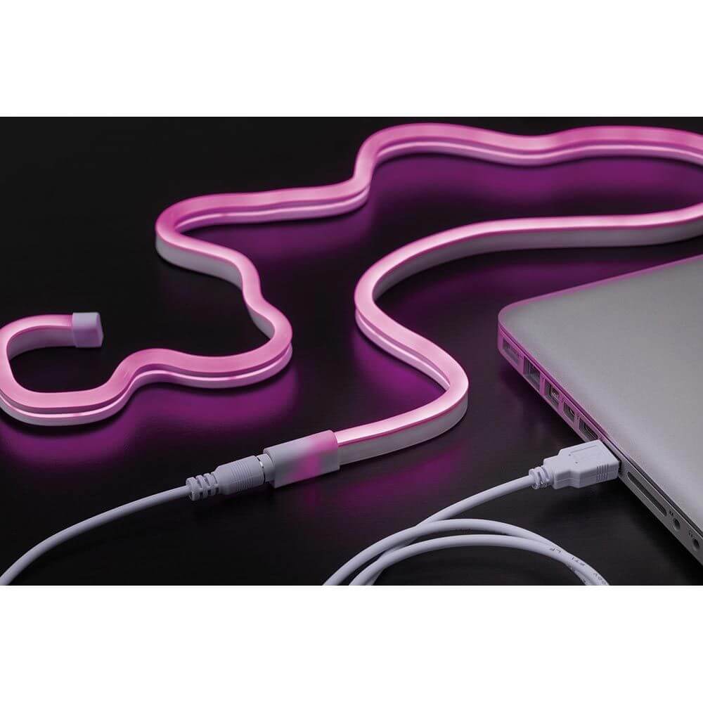 USB-LED Strip Neon Colorflex Blau 1m mit pinkem Neonlicht um einen Laptop gewickelt, leuchtende Atmosphäre.