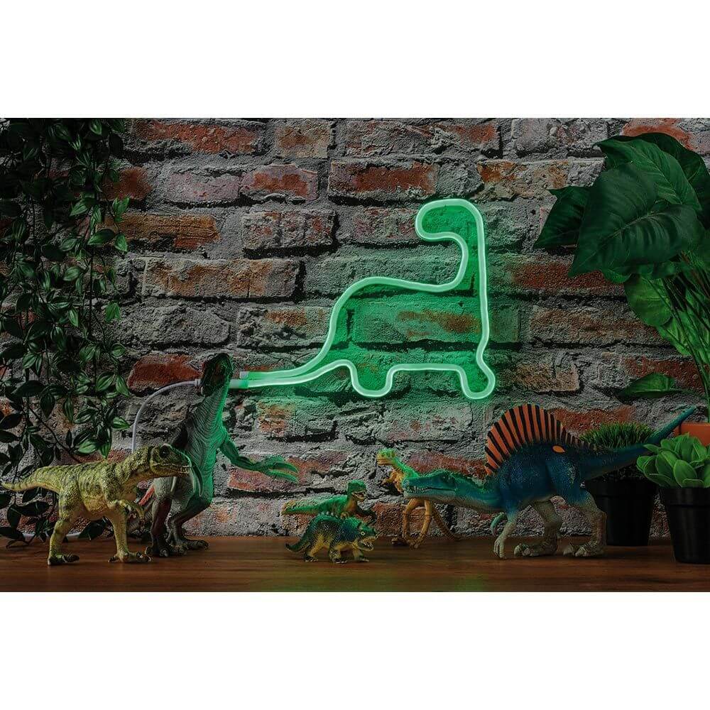 Grünes USB-LED Neonlicht in Dinosaurierform, ideal für eine kreative Beleuchtung im Raum.