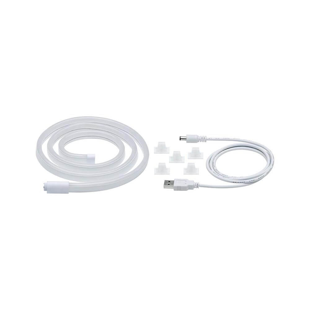 USB-LED Neonstreifen Grün 1m mit transparenten Halteclips und USB-Kabel für einfache Montage.