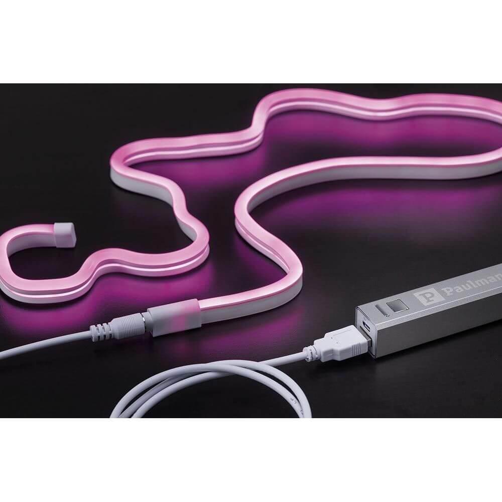 USB-LED Neon Strip in Pink, flexibel und gebogen, mit USB-Anschluss für einfache Montage.