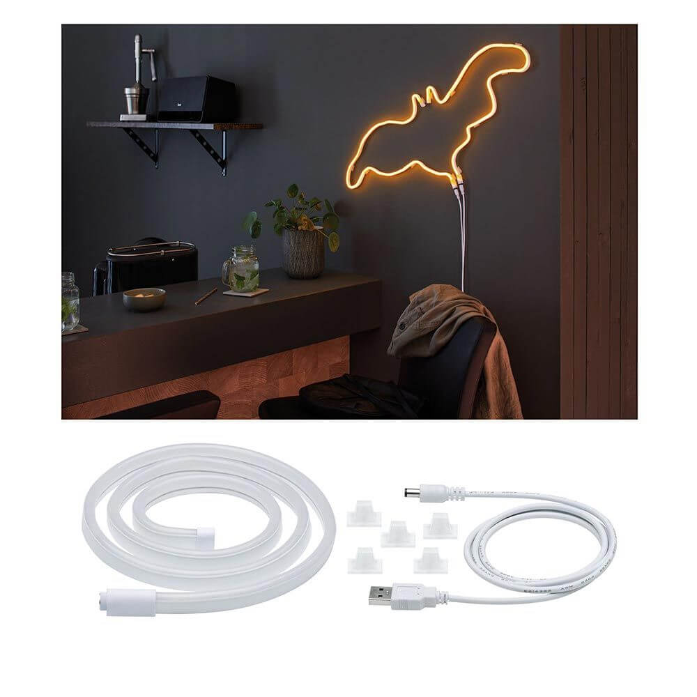 USB-LED Neon Strip in orange, dekorativ, biegsam, ideal für die Wandmontage mit Halteclips.