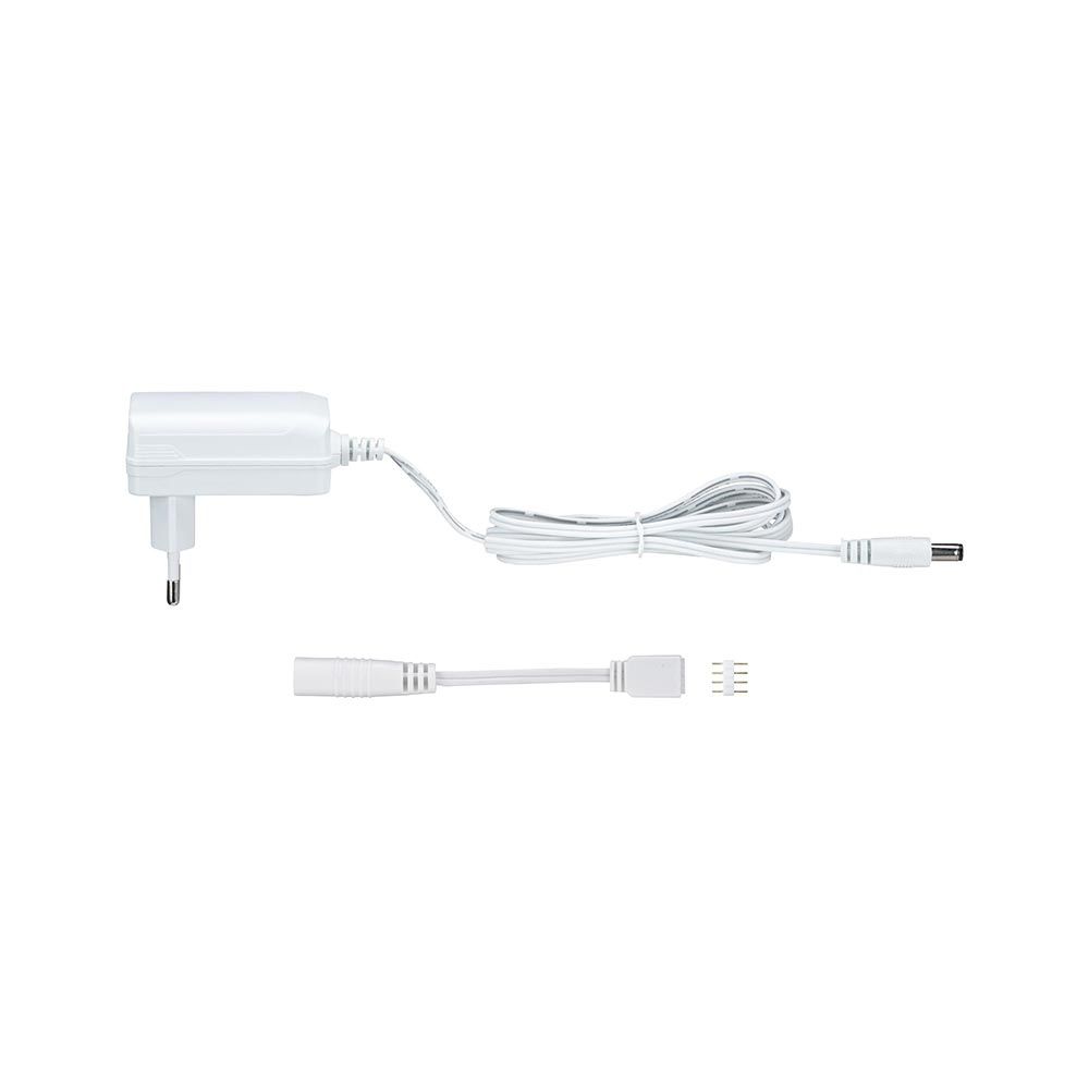 Universal Power Supply 230V-12V Weiß mit Stecker und 4-Pin-Anschluss für LED-Anwendungen.