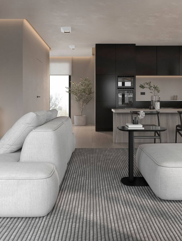 Moderne Wohnküche mit Utopia LED Deckenleuchte 3000K, eleganten Möbeln und minimalistischer Einrichtung.