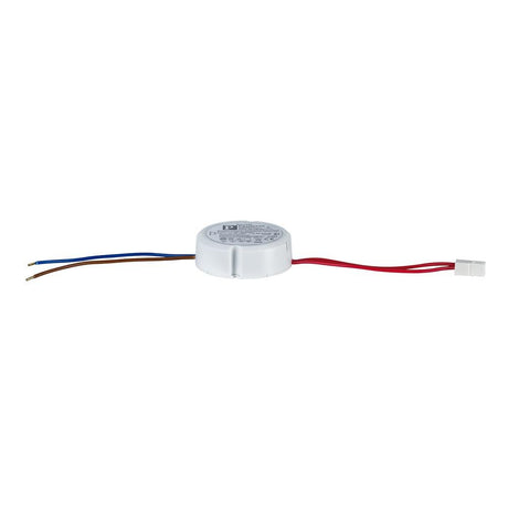 VDE Disc Elektroniktrafo built-in 35-105W 12V 105VA Weiß in kreisrunder Form mit Anschlussleitungen.