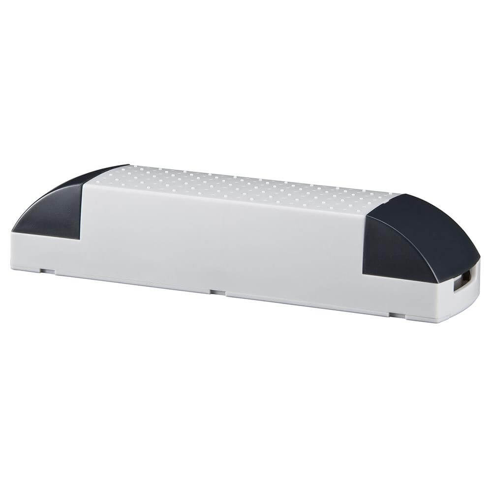 VDE Profi Elektroniktrafo 50-150W 12V 150VA Grau Schwarz auf einem weißen Hintergrund.