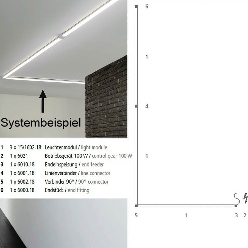 Systembeispiel für VIGO System LED-Linienmodul 100cm Alu-matt mit Installationselementen.