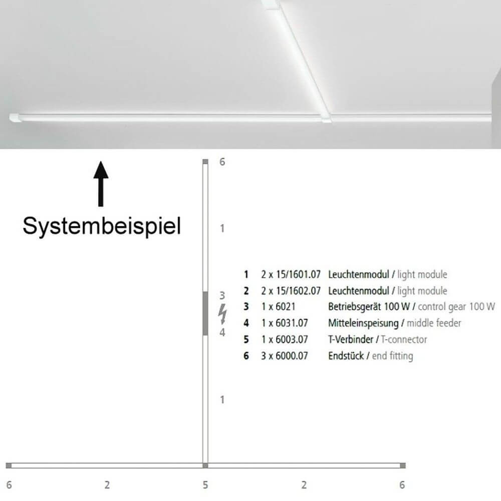 VIGO System LED-Linienmodul 100cm Alu-matt Systembeispiel mit Leuchtenmodulen und T-Verbindern