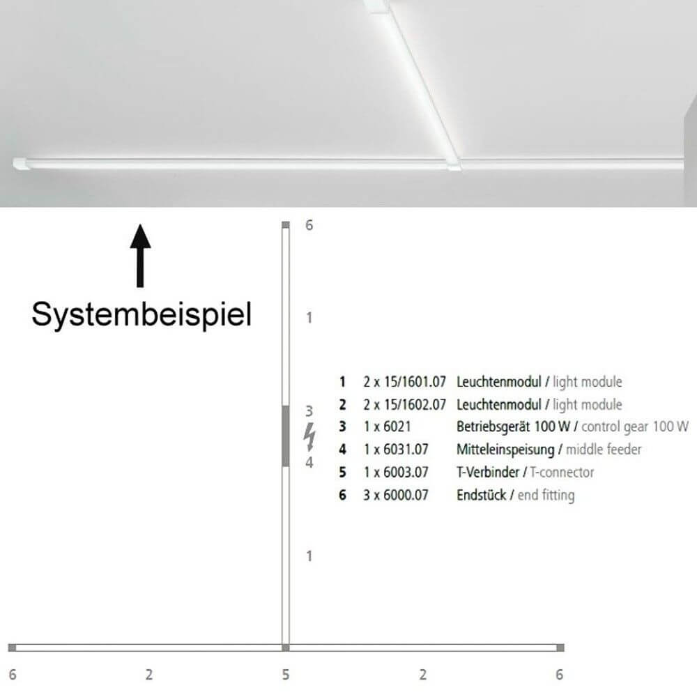 Systembeispiel für VIGO System LED-Netzteil inkl. Dimm-Modul max. 60W mit Lichtmodulen und Anschlussmöglichkeiten.