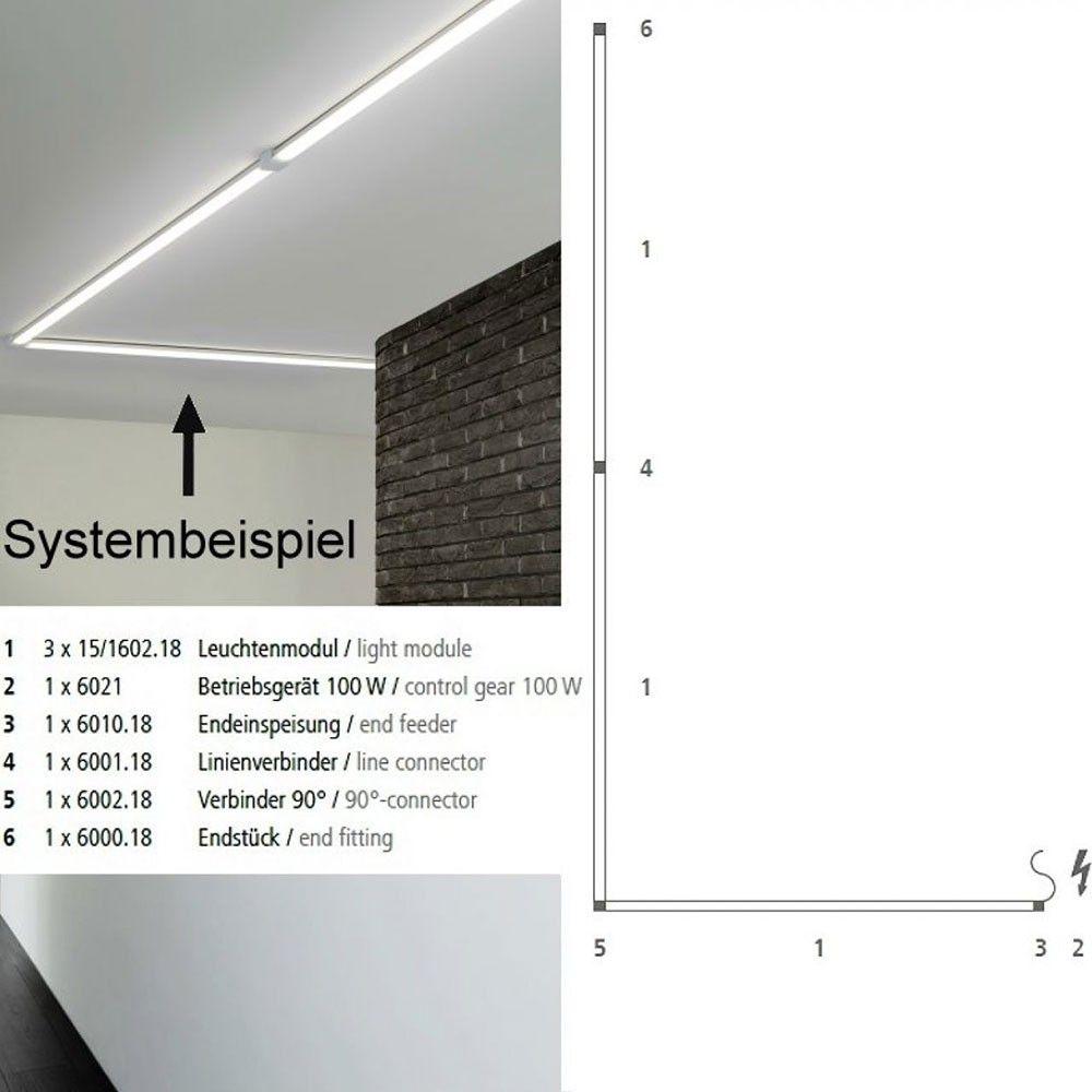 VIGO System LED-Netzteil mit Dimm-Modul, Systembeispiel und Montageanleitung, max. 100W, minimalistisches Design.