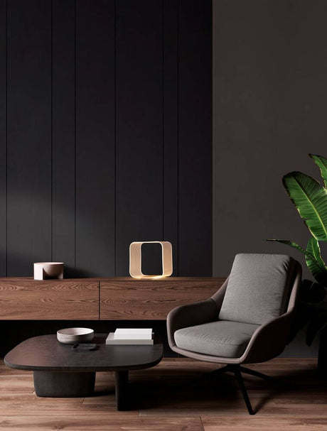 Valentin LED lampe de table carrée 3000K or sur buffet dans un salon moderne, LED dimmable, design minimaliste