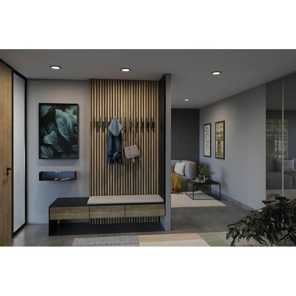 VariFit LED Einbaupanel Areo Panel Rund Schwarz IP44 in modernem Eingangsbereich mit Holzdetails.