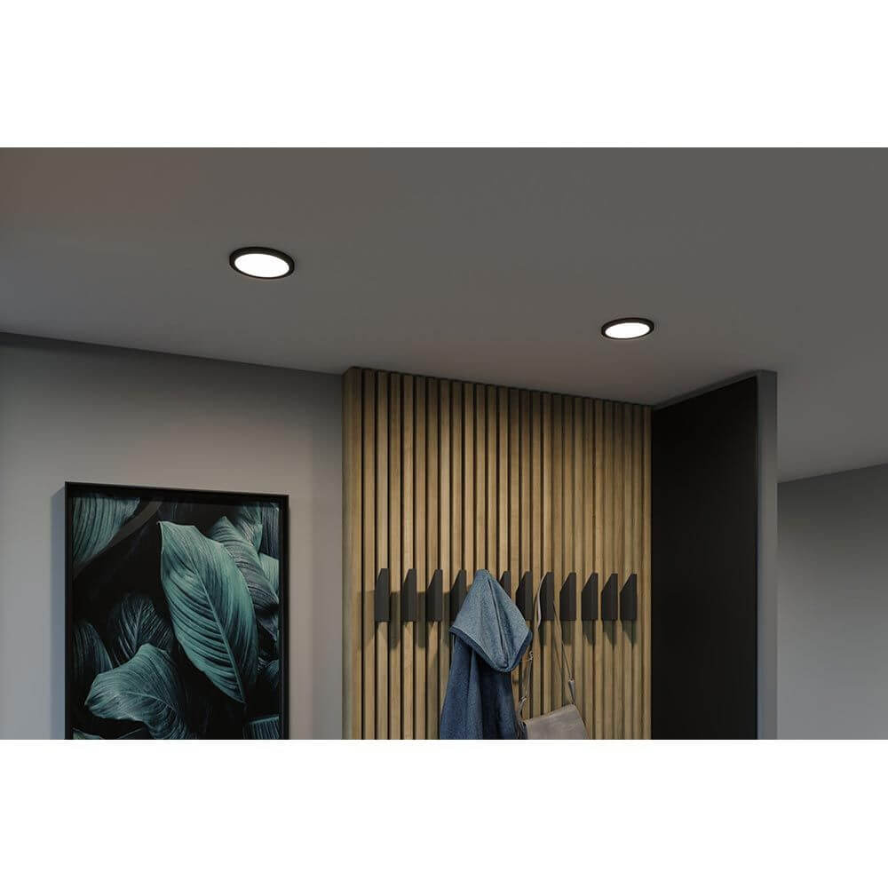 VariFit LED Einbaupanel Areo Rund Ø 11,8 Schwarz in modernem Wohnraum mit Holzdetails