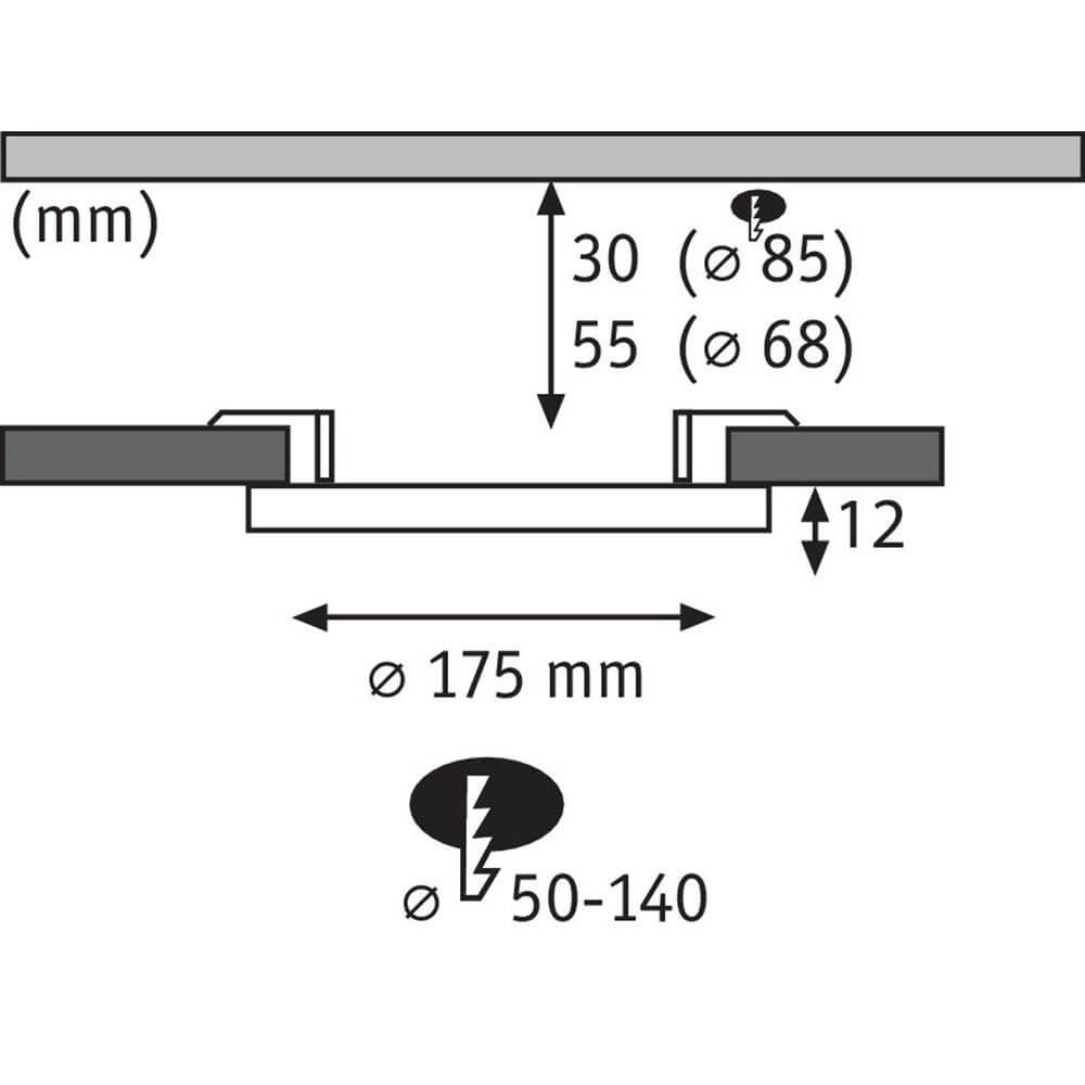 Technische Zeichnung des VariFit LED Einbaupanel Areo Rund Chrom-Matt Ø 17,5cm mit Abmessungen und Bohrlochvarianten.