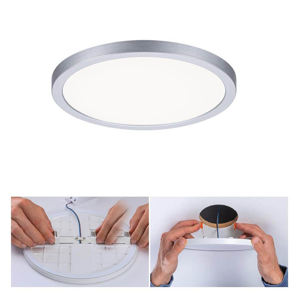VariFit LED Einbaupanel Areo Rund Chrom-Matt Ø 17,5cm bei der Installation und in der Ansicht.